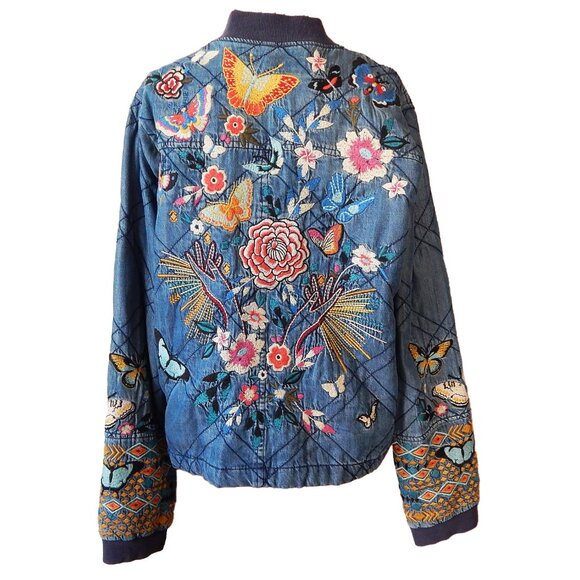 Johnny Was Western Denim Bomber Jacket  Embroidered Full Zip Small Rare - Picture 4 of 7